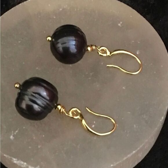 Tahitian Black Baroque Pearl Earrings 18KYG Over 925 Fine Silver - Picture 9 of 10